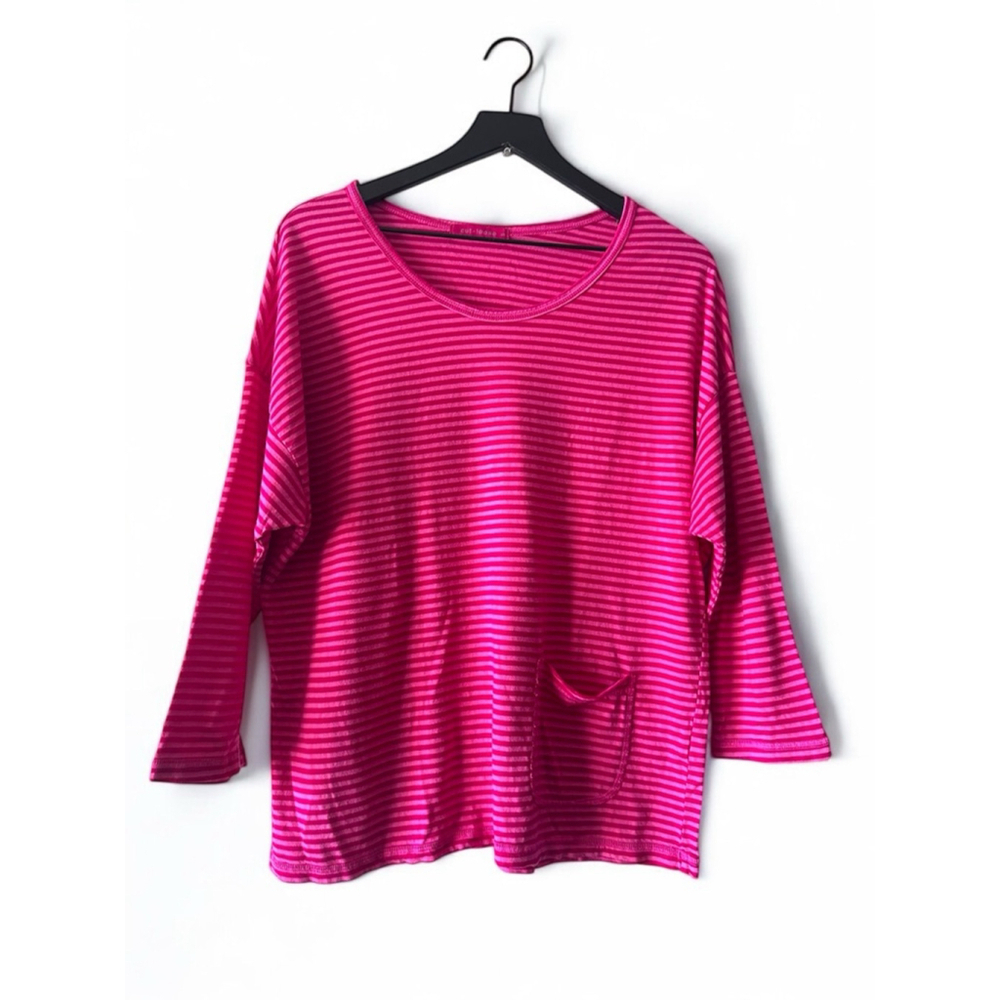 Cut Loose Striped Pink Boxy Pocket Top Women’s Small 3/4 Sleeve Tencel Cotton